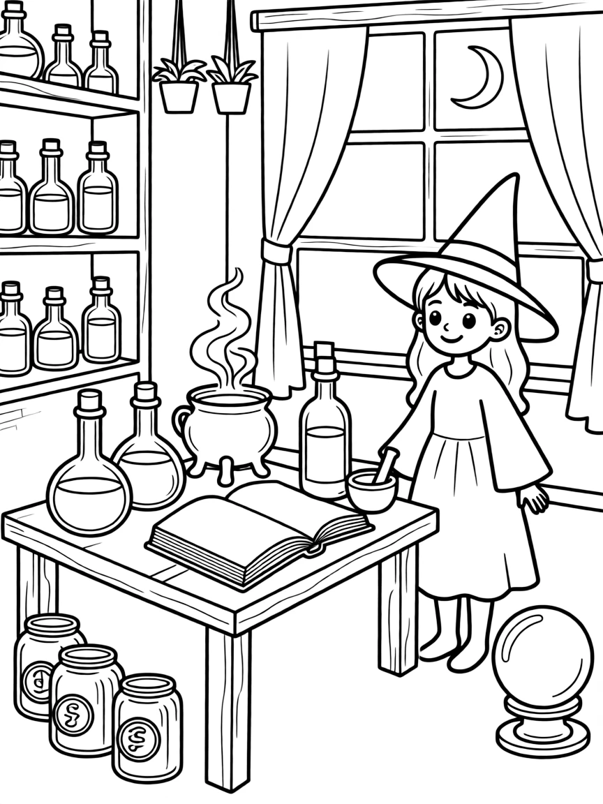 A witch's laboratory with experiments in progress