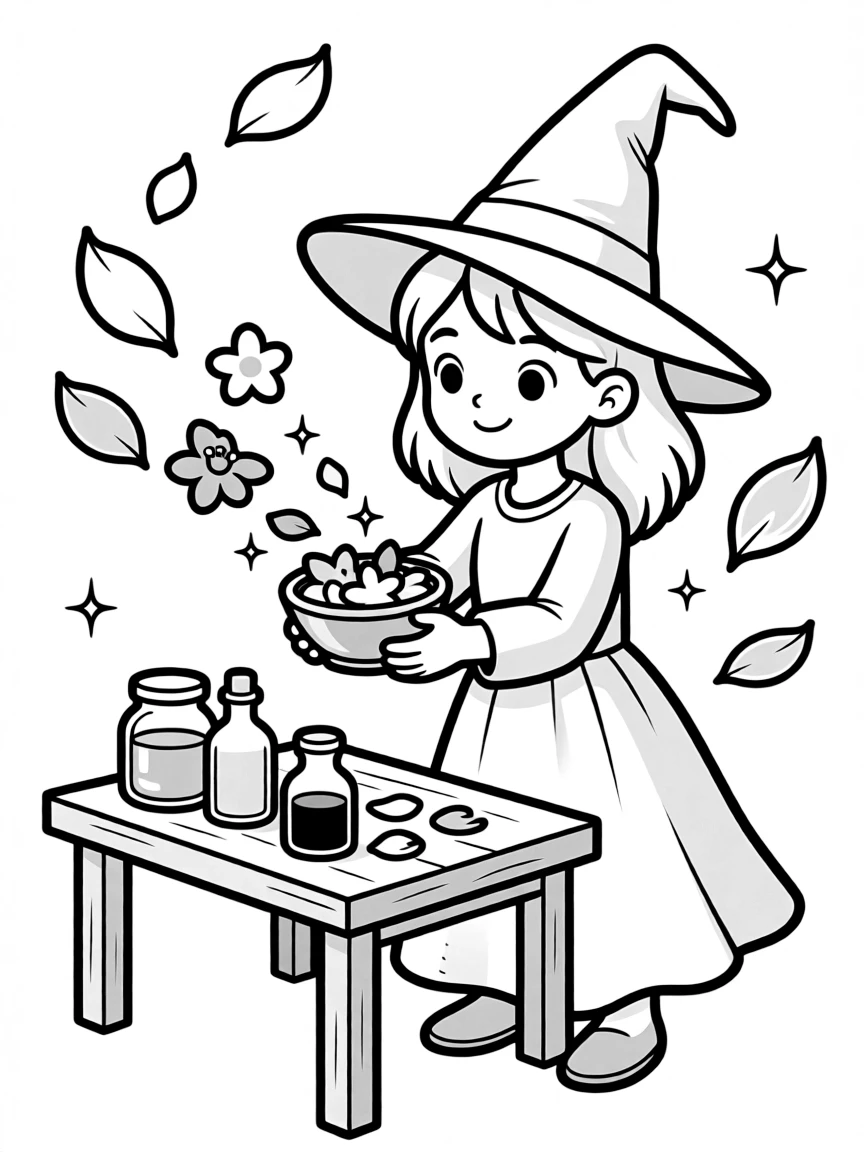 A witch creating magical inks from flower petals
