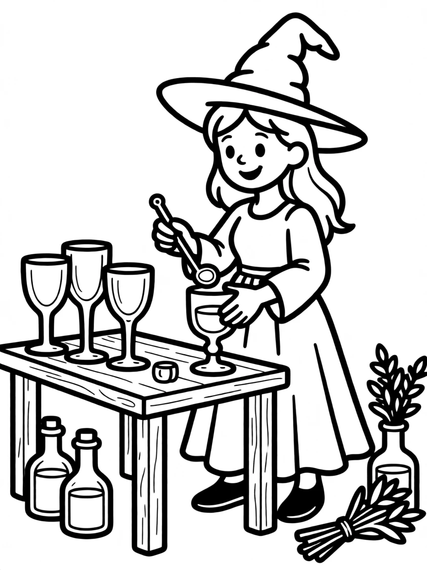 A witch brewing potions in crystal goblets