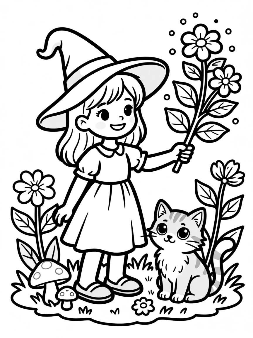 A witch teaching her familiar to recognize magical plants