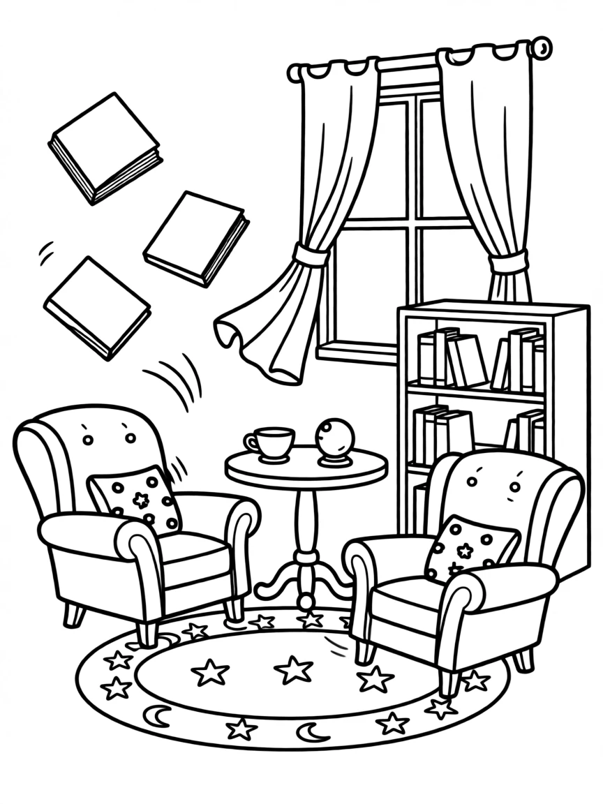 A witch's sitting room with furniture that rearranges itself