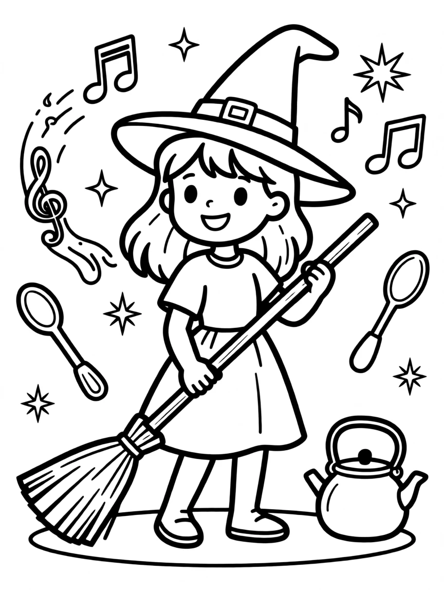 A witch creating magical music from ordinary objects