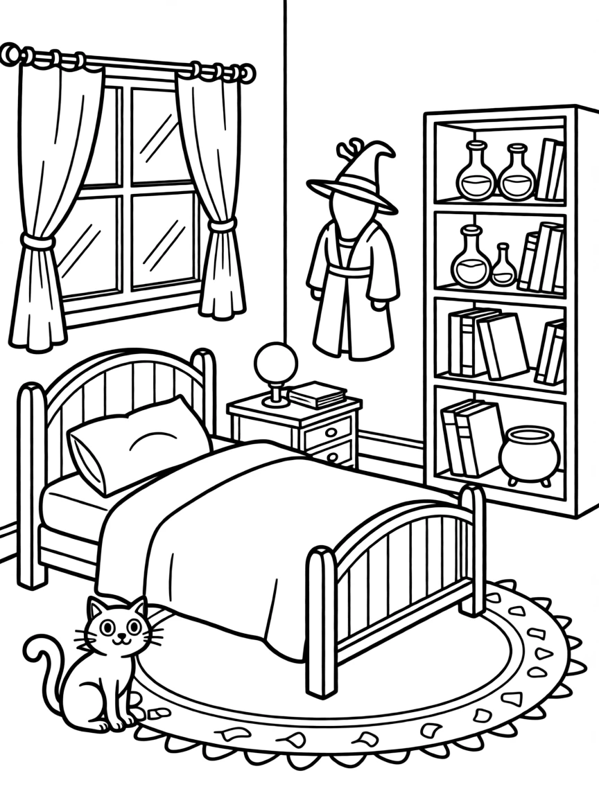 A witch's bedroom with a bed that floats slightly off the ground