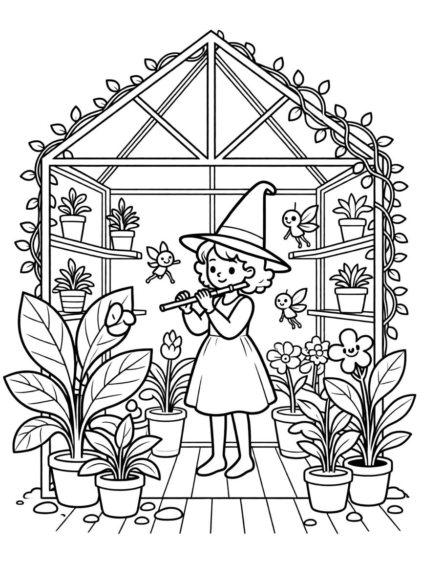 A witch's greenhouse with plants that respond to music