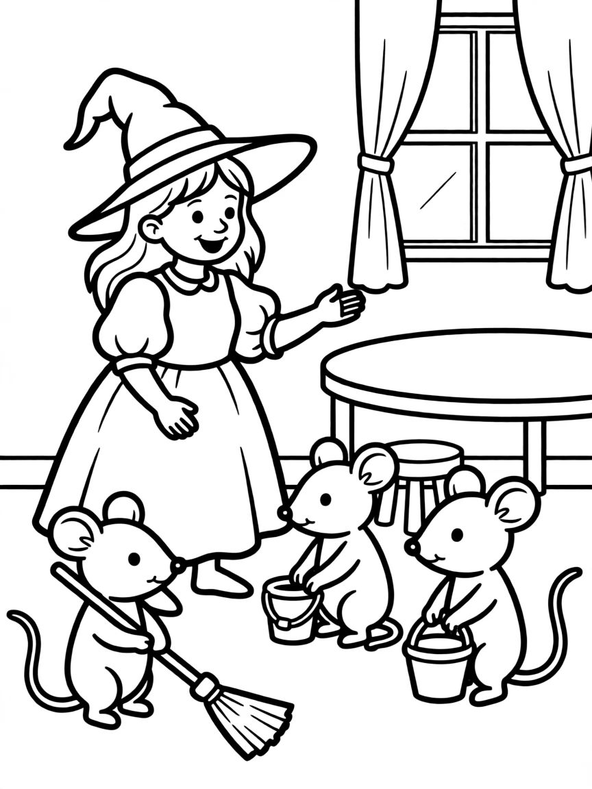 A witch teaching mice to perform simple household chores