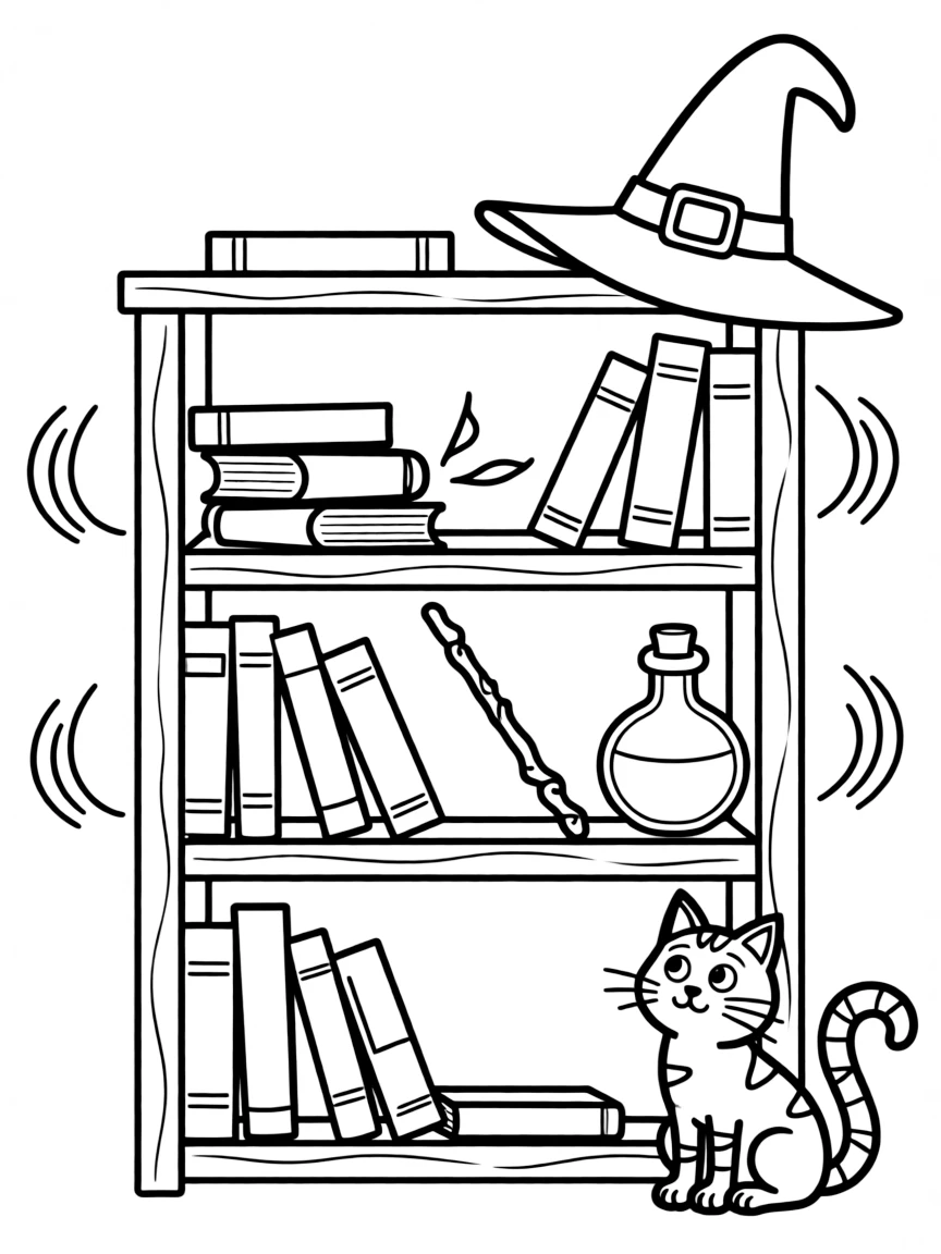 A witch's bookshelf with books that whisper their contents