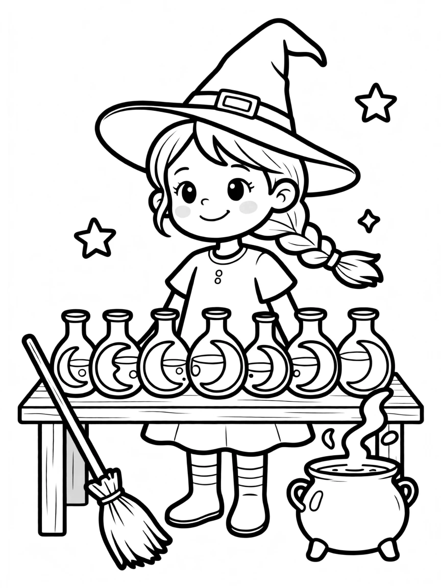 A witch brewing potions in containers shaped like moons