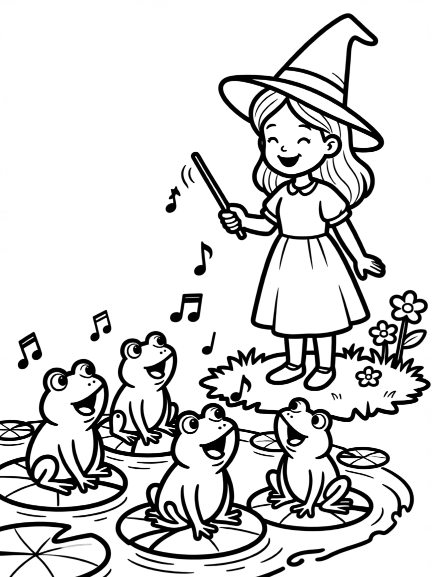 A witch teaching frogs to sing harmonies