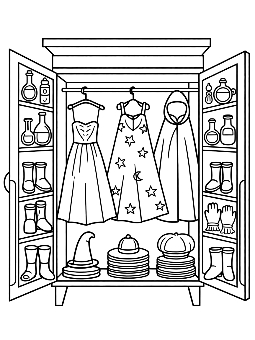 A witch's wardrobe with clothes for different magical purposes
