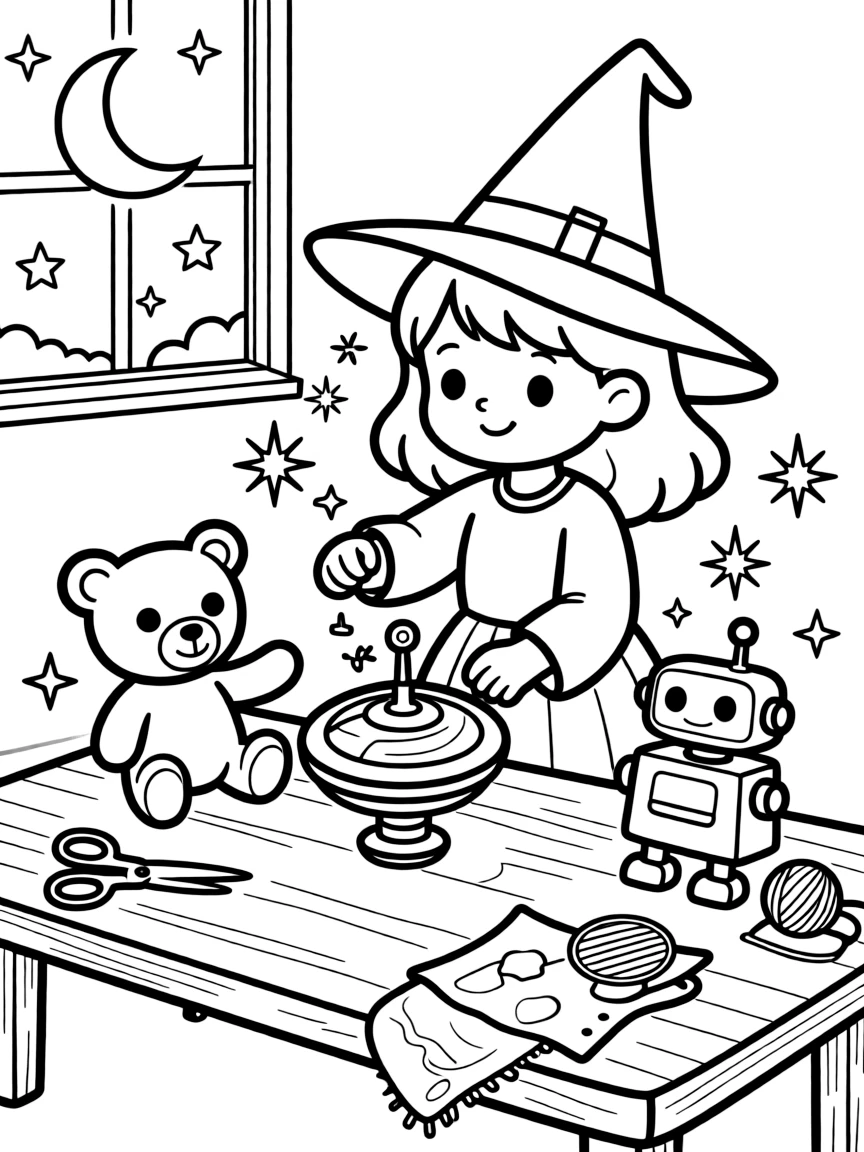 A witch creating magical toys that come to life at night