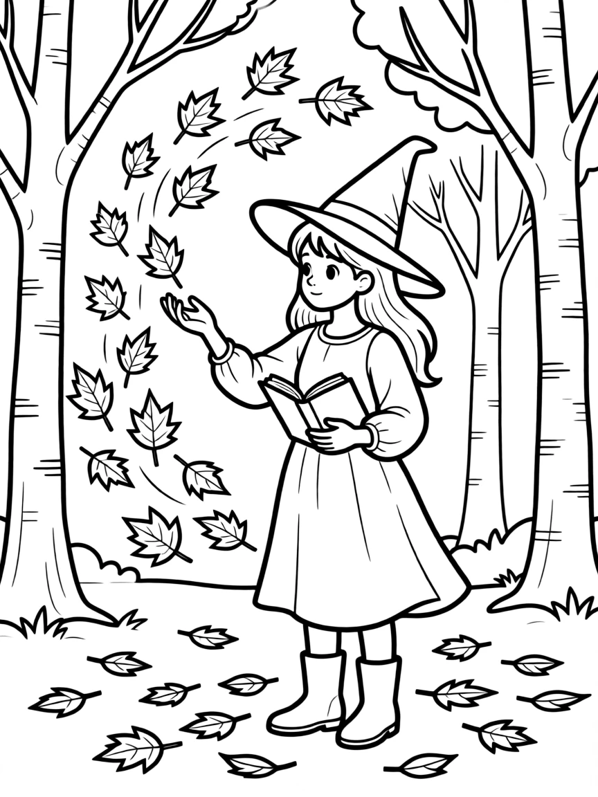 A witch studying the patterns of falling leaves
