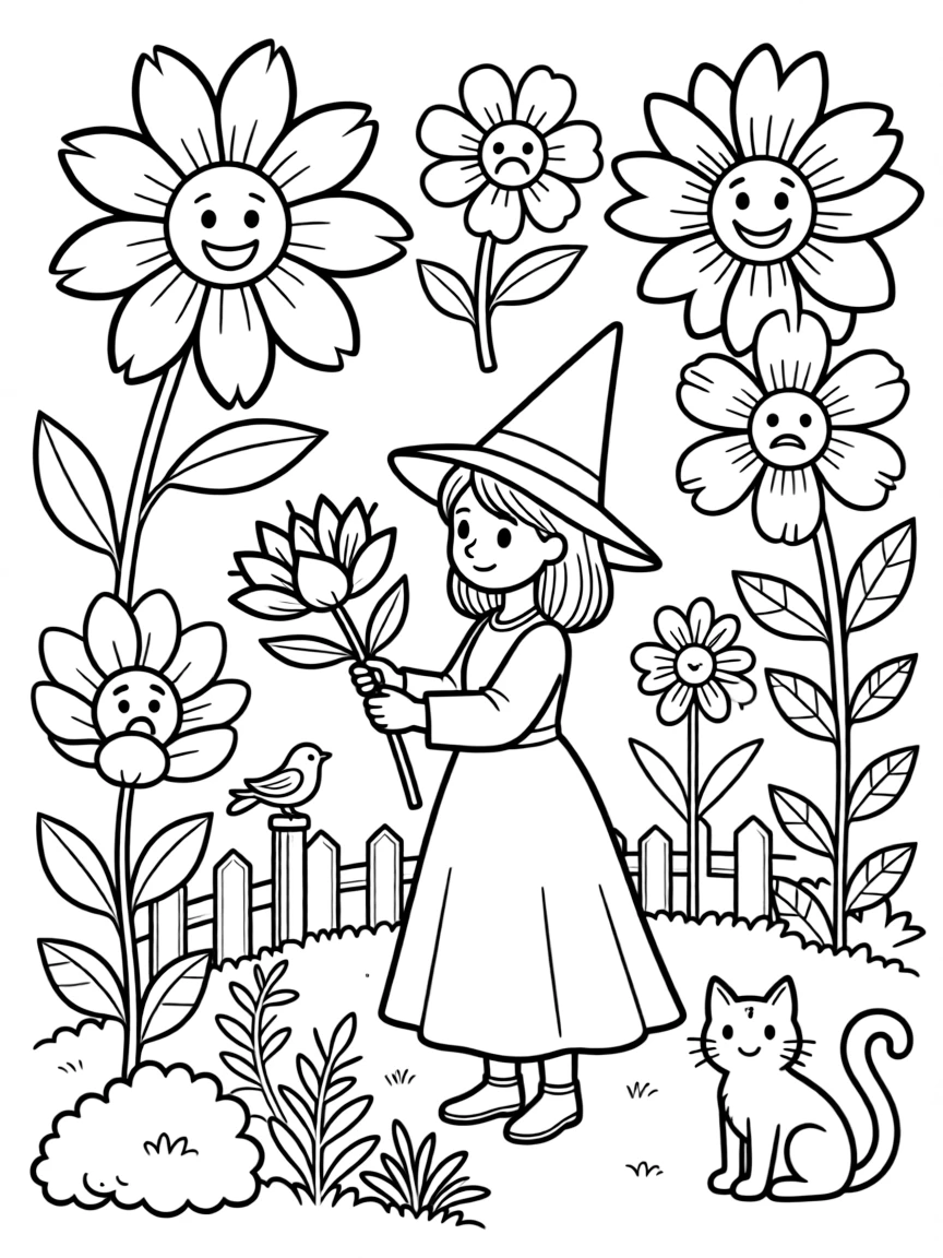 A witch's garden with flowers that bloom according to emotions