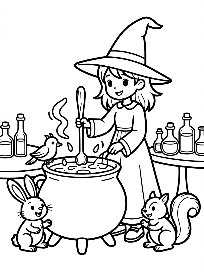 A witch brewing potions that allow one to speak with animals