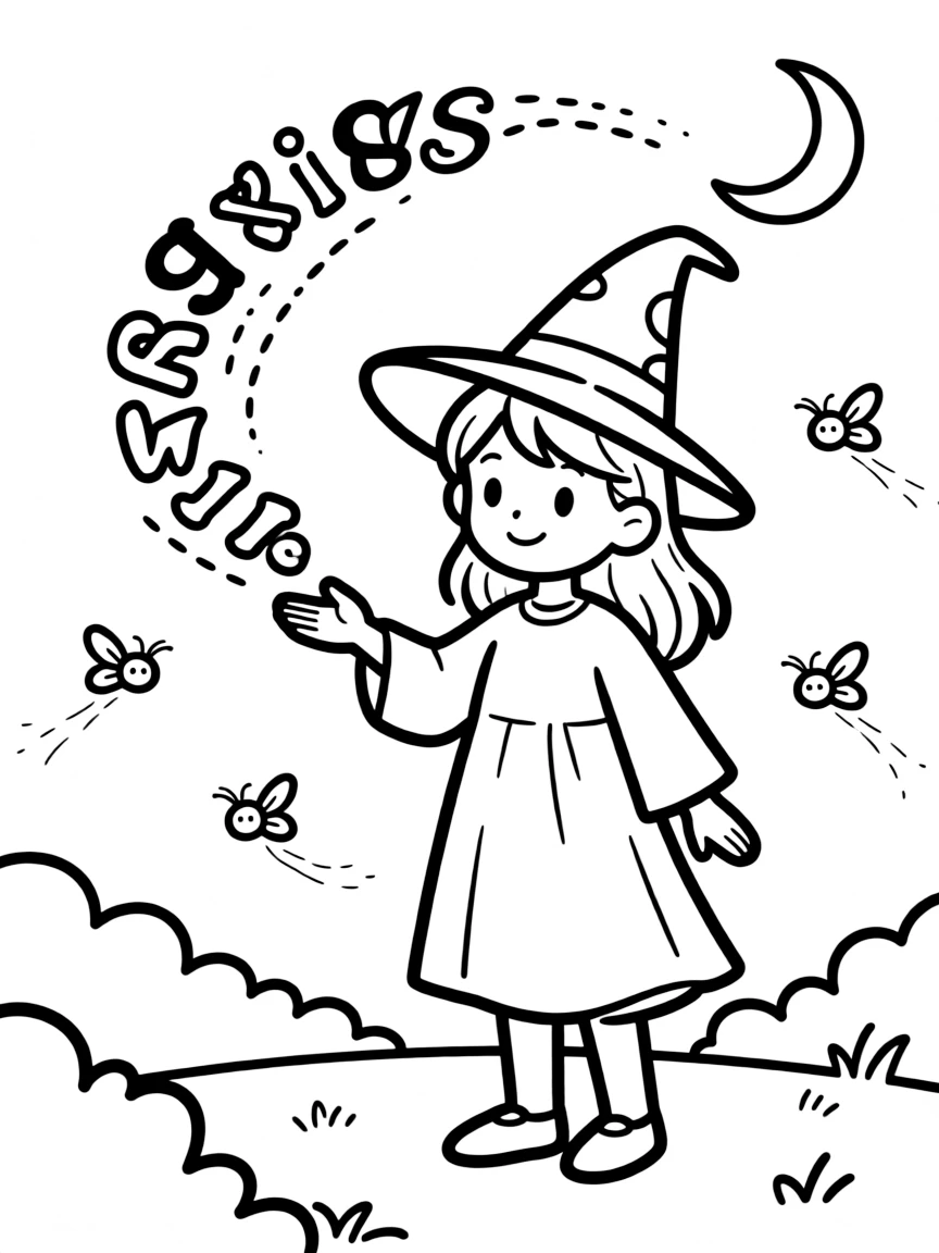 A witch teaching fireflies to spell out messages