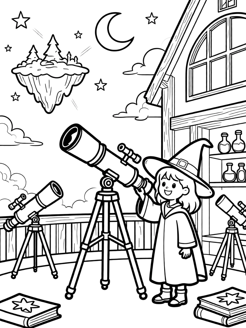 A witch's observatory with telescopes pointed at magical realms