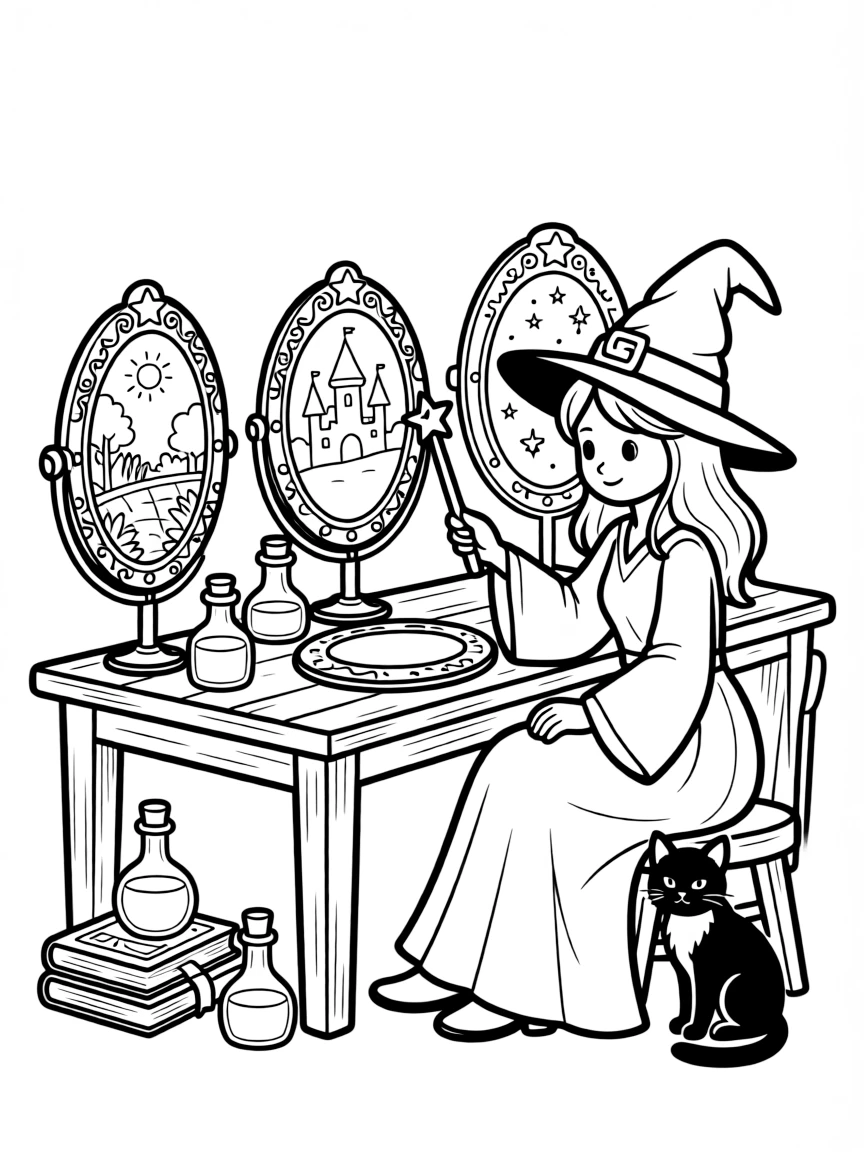 A witch creating enchanted mirrors that show different realities