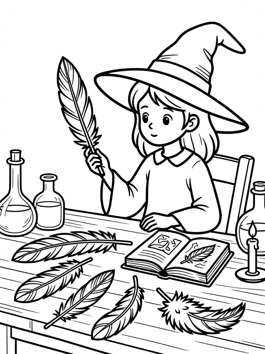 A witch studying the magic in different types of feathers