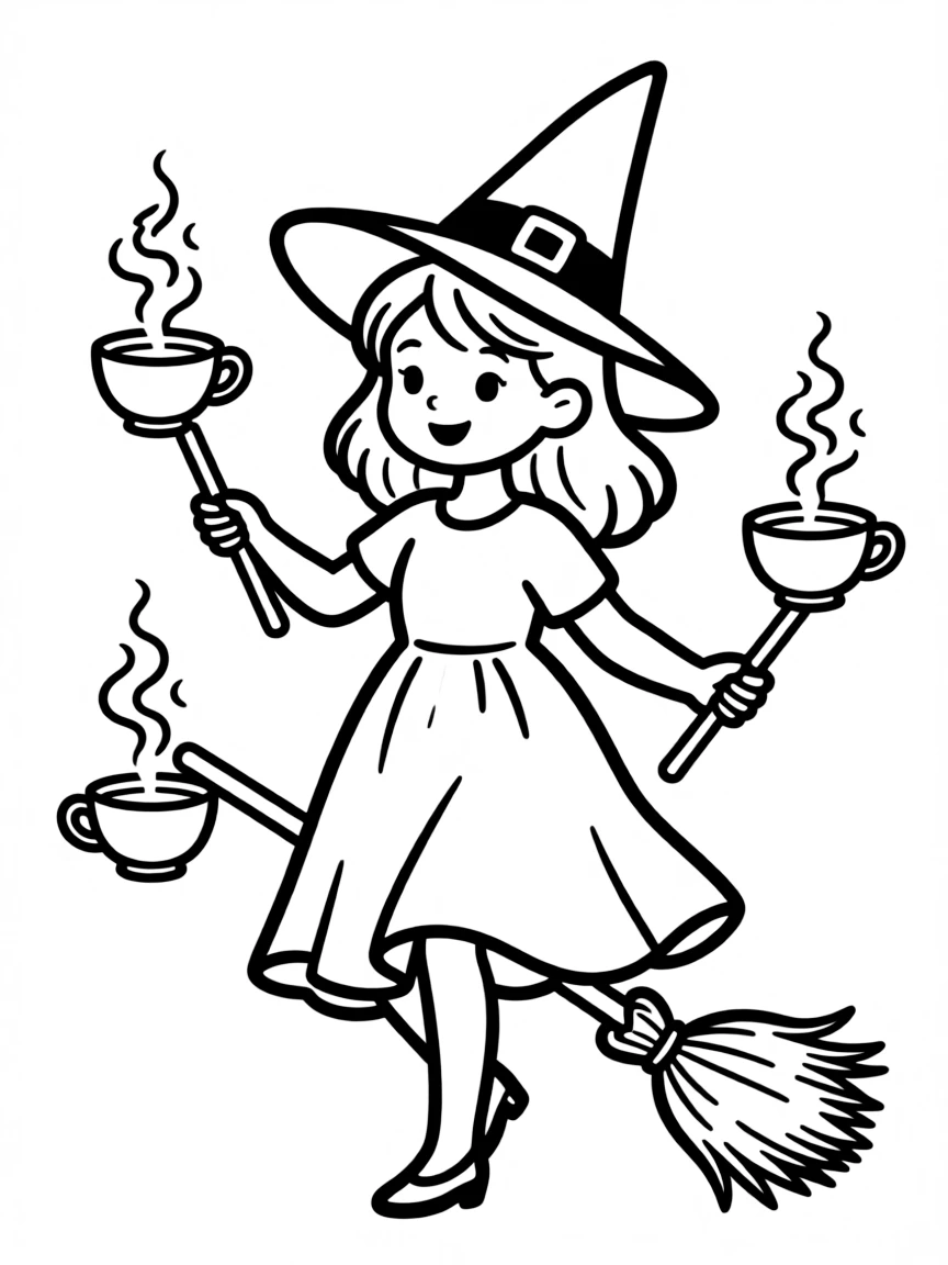 A witch brewing potions in teacups balanced on broomsticks