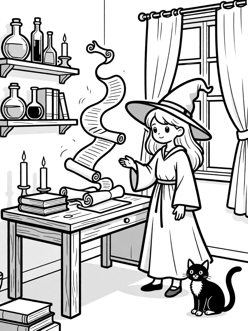 A witch's study with scrolls that unroll themselves