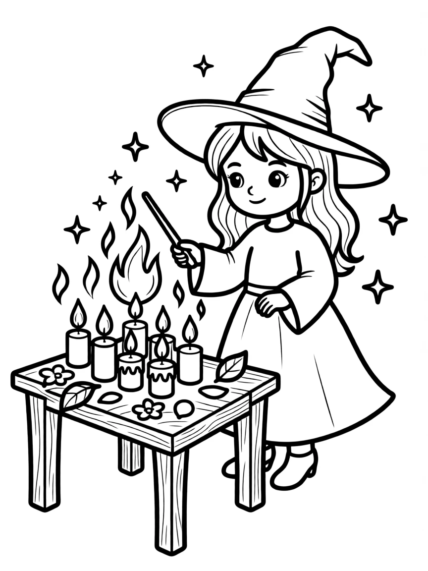 A witch creating magical candles that burn with colored flames