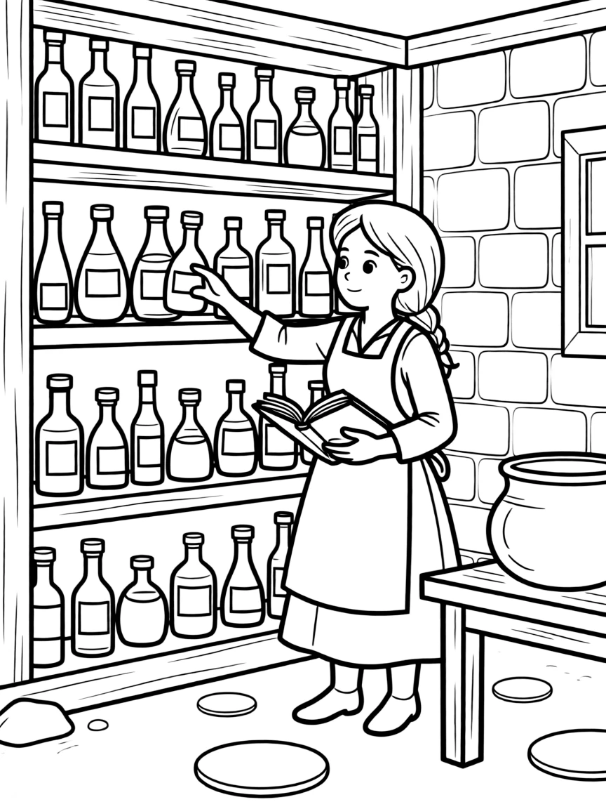 A witch's cellar with bottles of magical essences