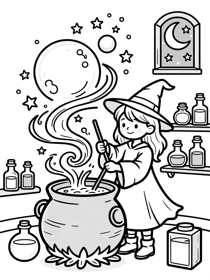 A witch brewing potions from moonlight and starlight