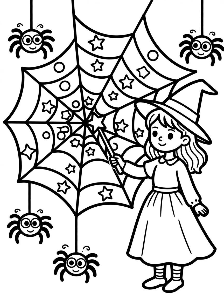 A witch teaching spiders to weave magical patterns