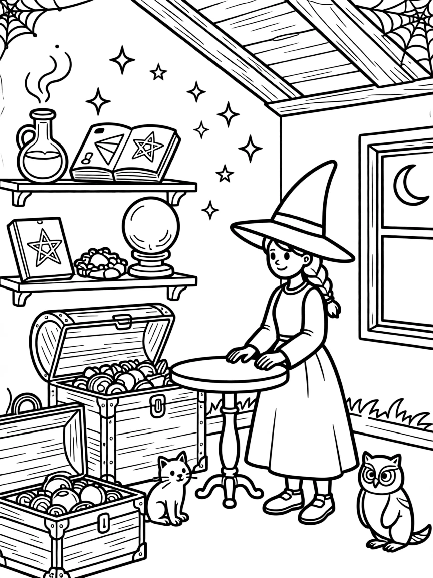 A witch's attic filled with forgotten magical treasures