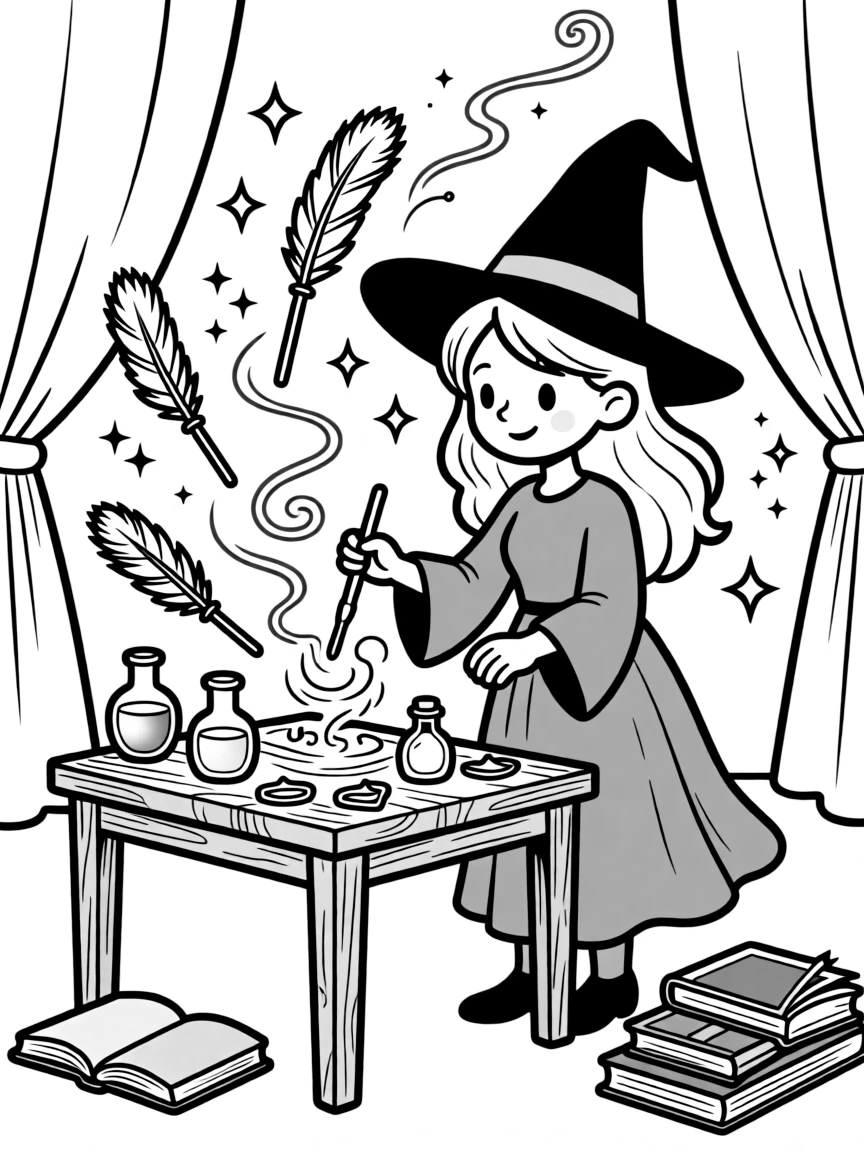 A witch creating enchanted quills that write by themselves
