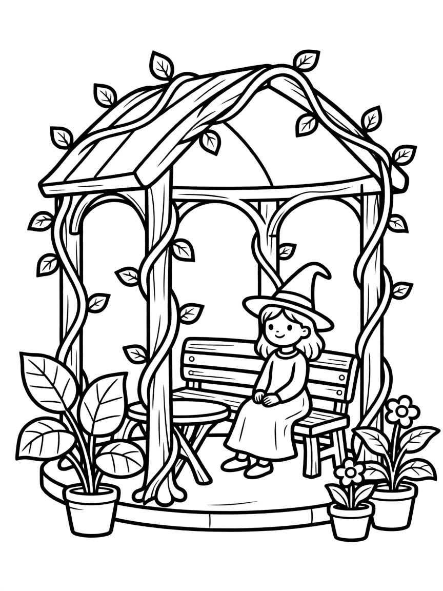 A witch's garden pavilion with furniture made of living vines