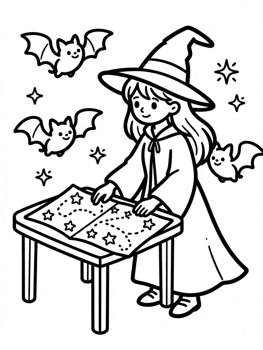 A witch teaching bats to navigate by magical maps