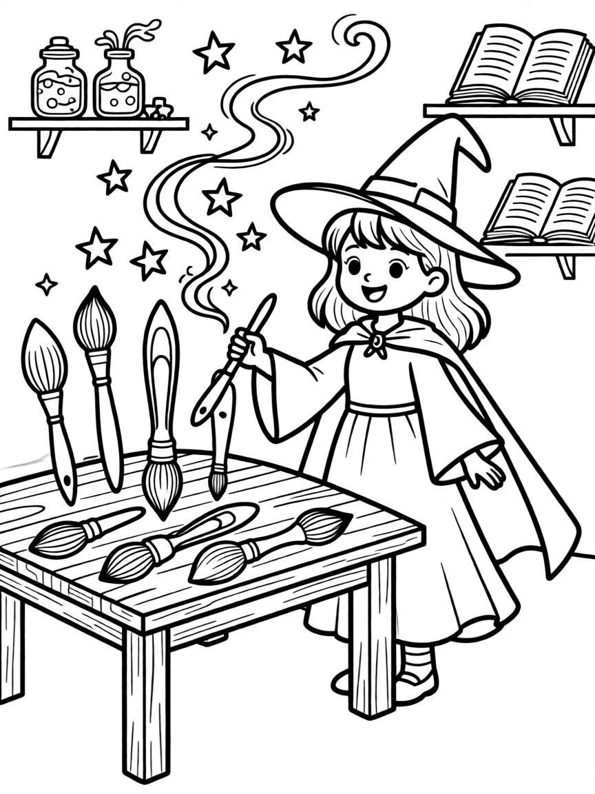 A witch creating magical brushes that paint dreams