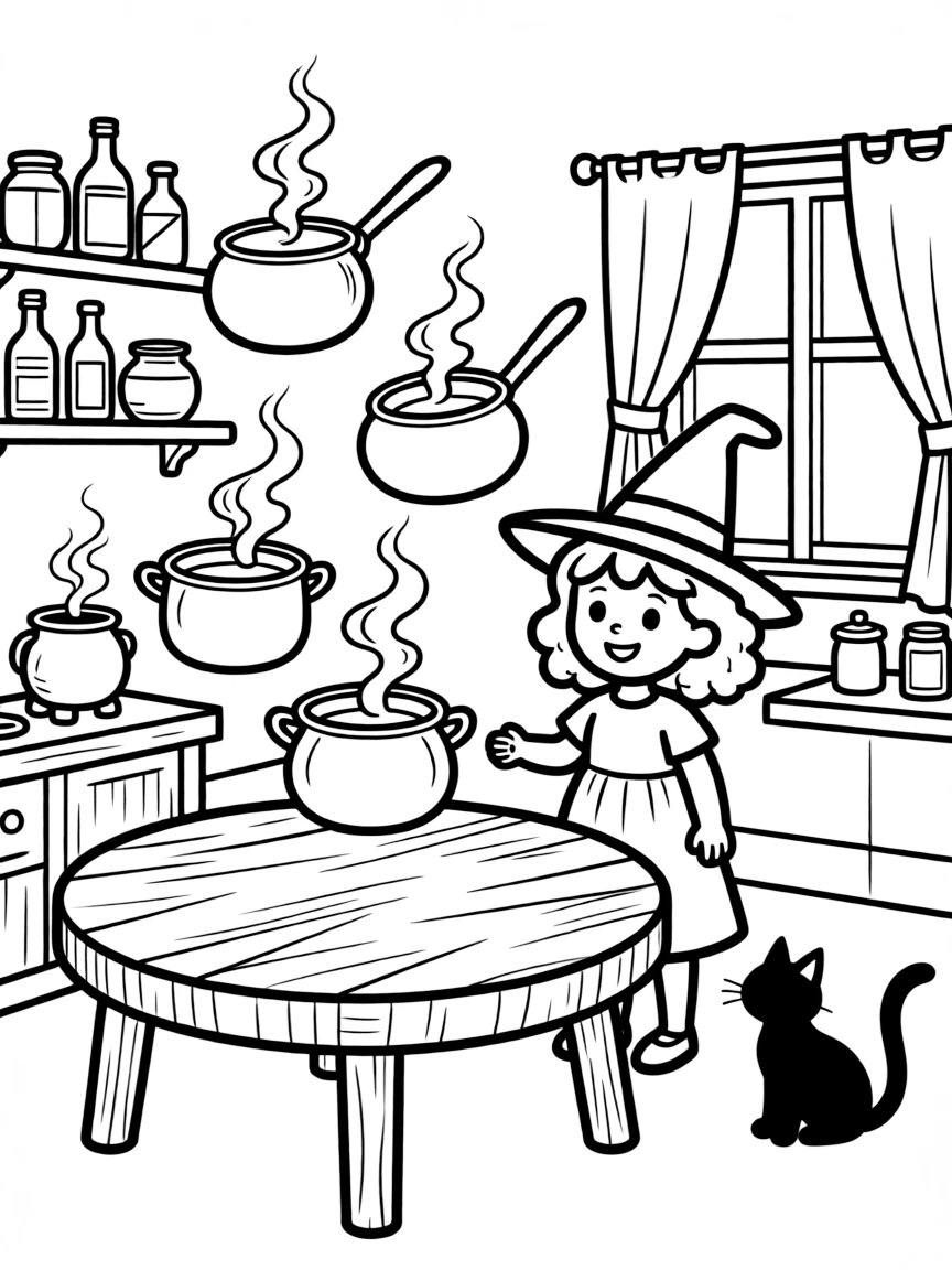 A witch's kitchen with pots and pans that cook by themselves