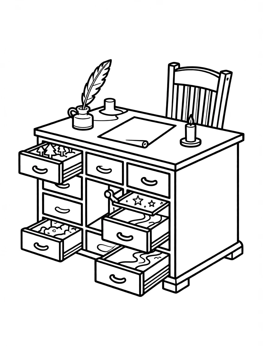 A witch's writing desk with drawers that lead to different places
