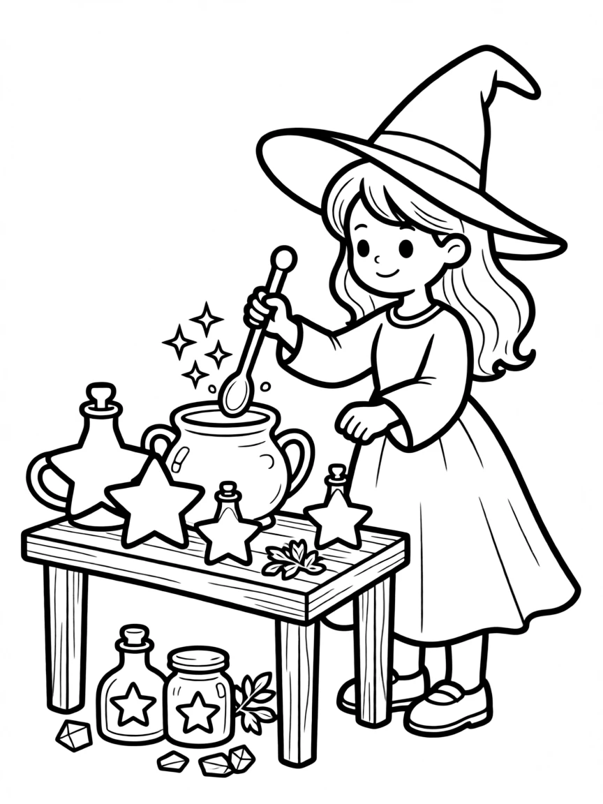 A witch brewing potions in containers shaped like stars