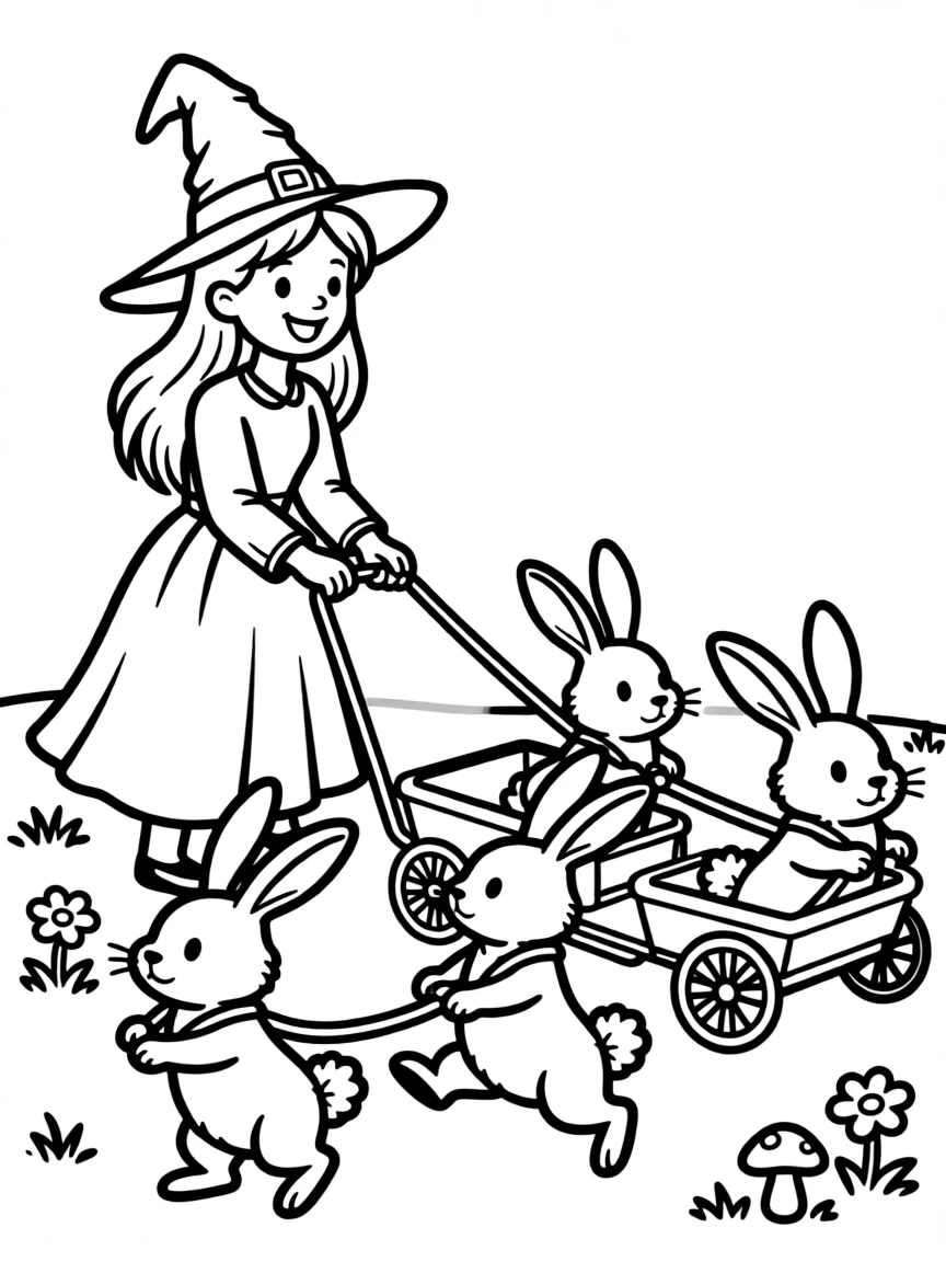 A witch teaching rabbits to pull tiny carriages