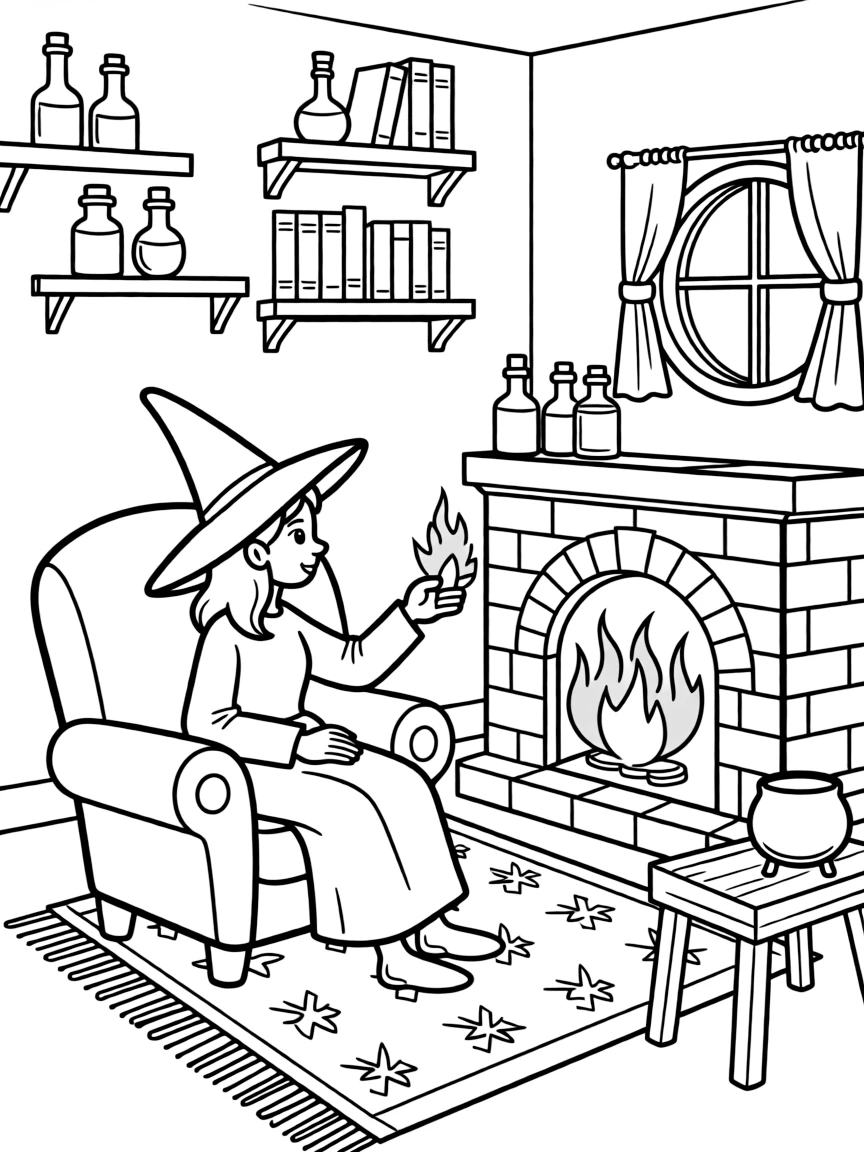 A witch's sitting room with a fireplace that changes colors
