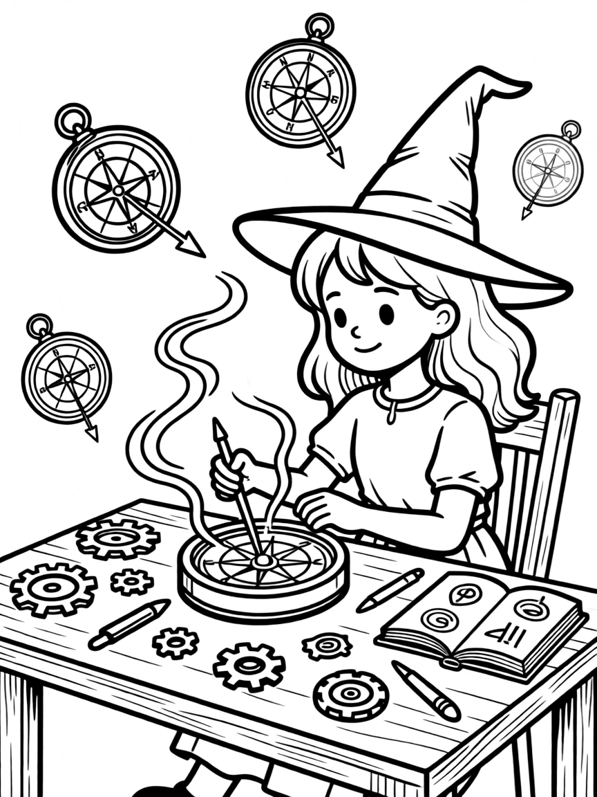 A witch creating magical compasses that point to what is needed