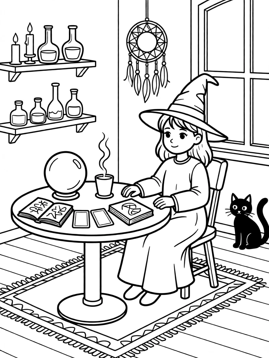 A witch's divination room with tools for seeing the future