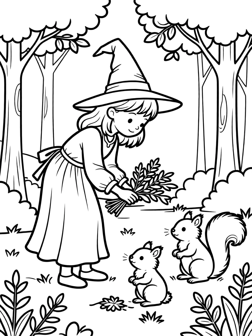 A witch teaching squirrels to collect specific herbs