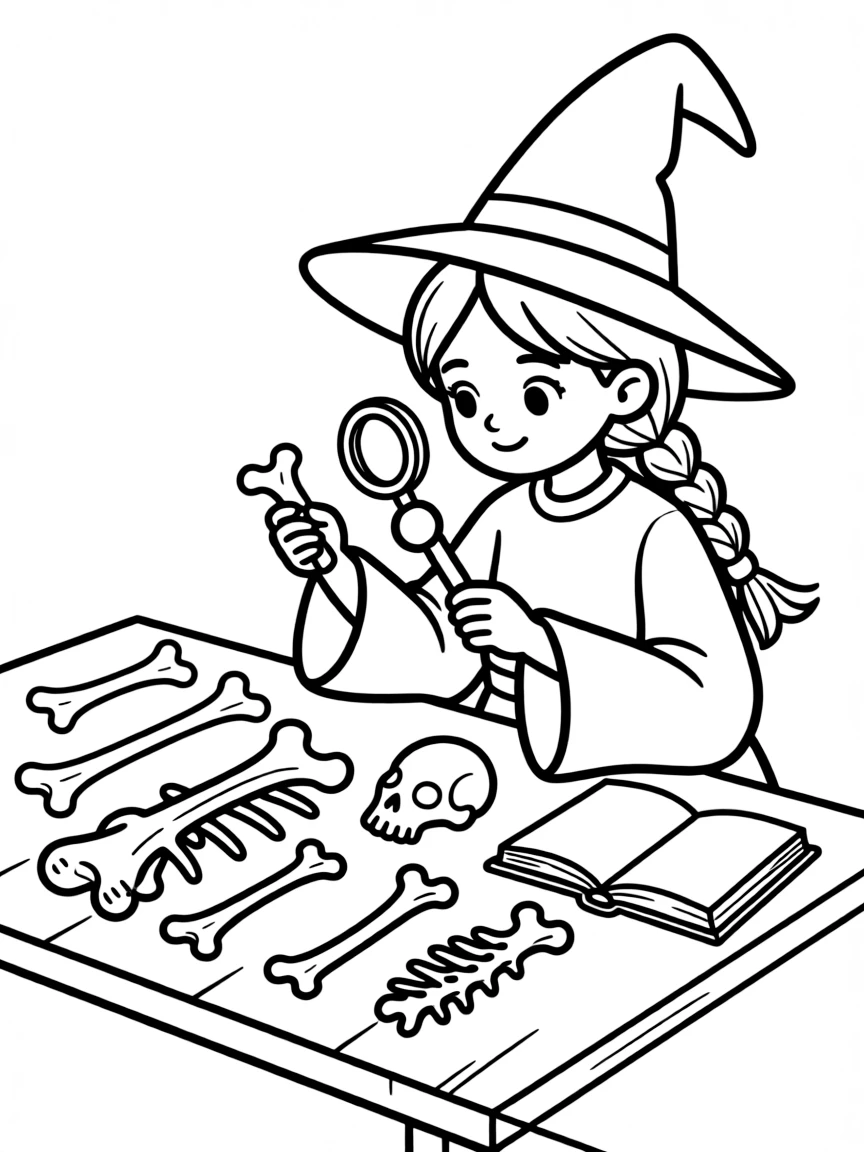 A witch studying the properties of different types of bone