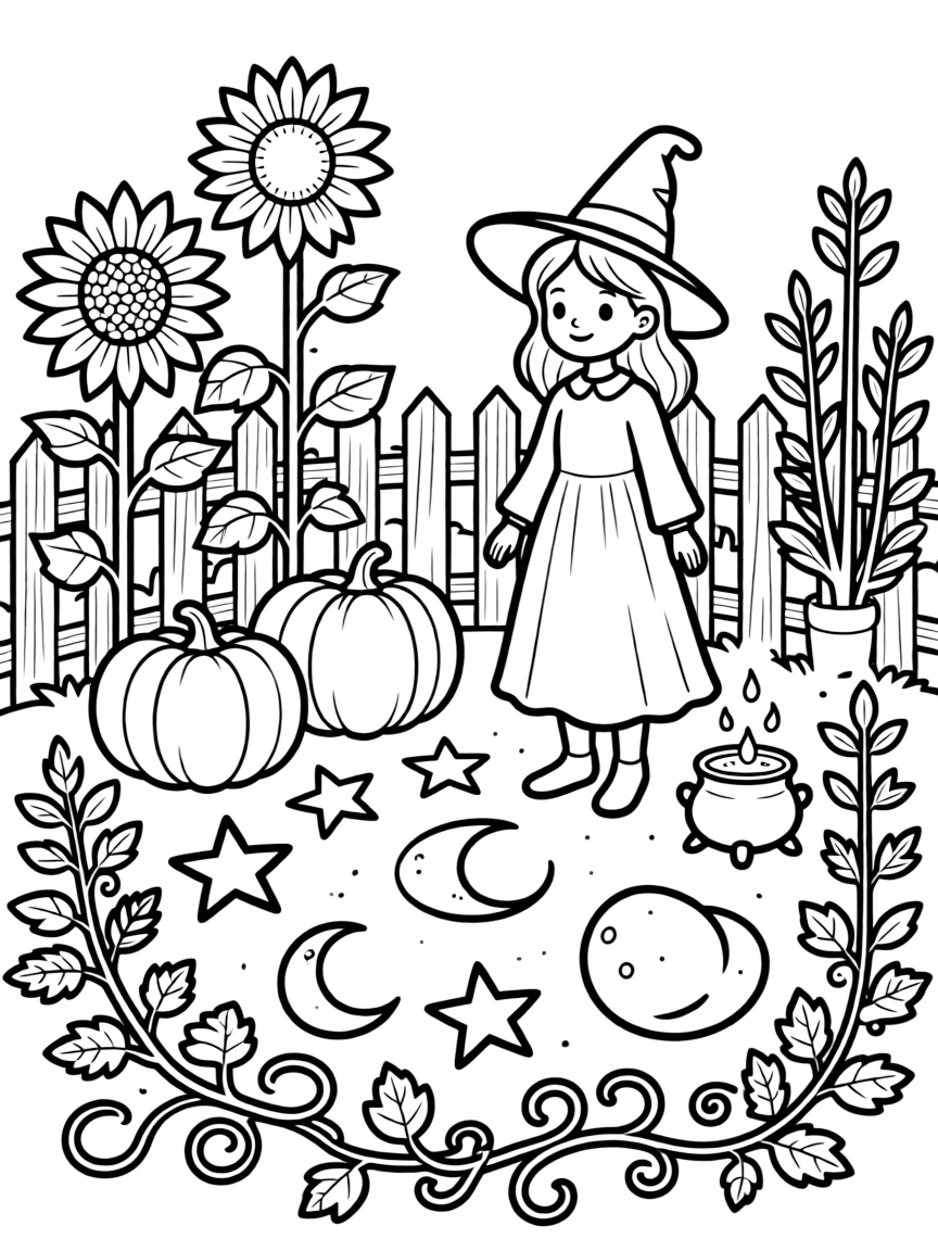 A witch's garden with plants arranged in magical symbols