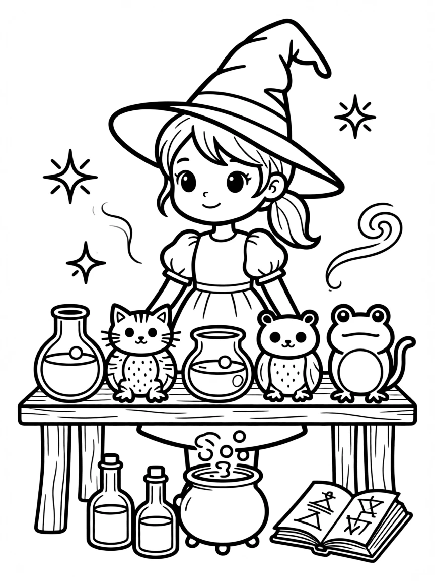 A witch brewing potions in containers shaped like animals
