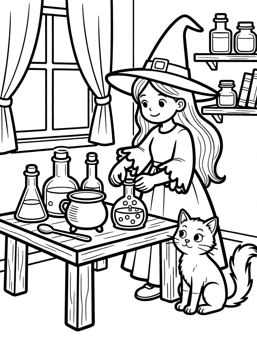 A witch teaching her familiar to mix simple potions