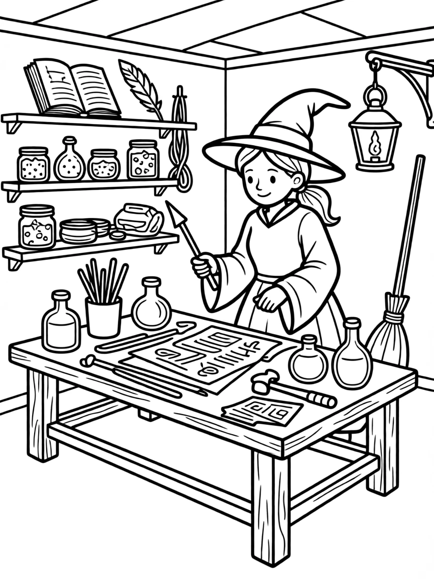 A witch's workshop with tools for crafting magical instruments