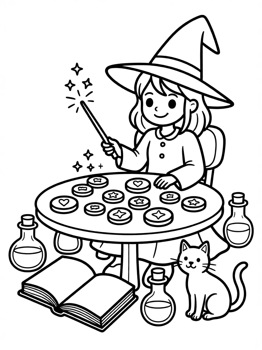 A witch creating enchanted buttons that grant wishes