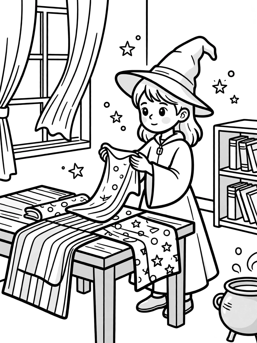 A witch studying the magic in different types of cloth