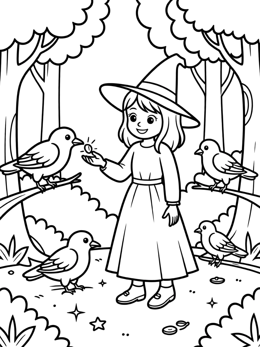 A witch teaching crows to collect shiny objects for spells