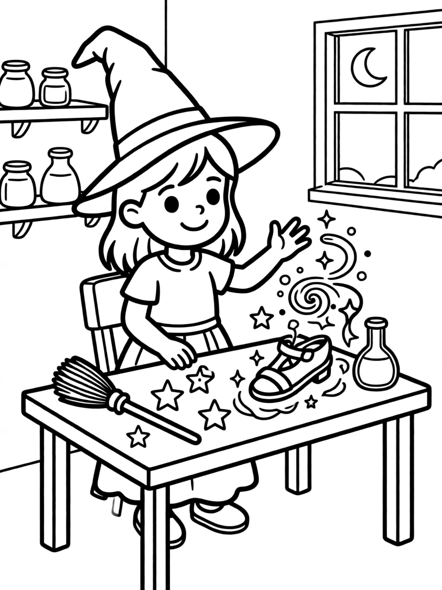 A witch creating magical sandals that walk by themselves