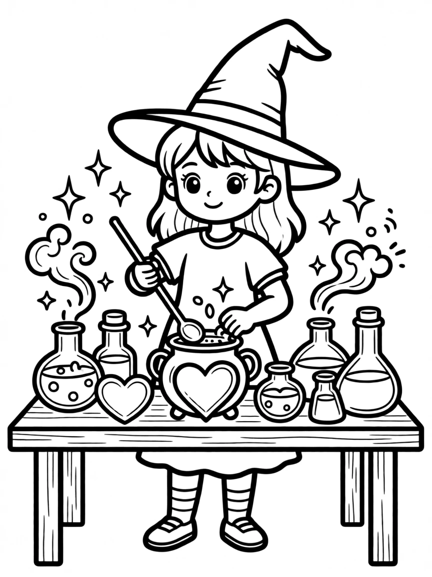 A witch brewing potions in containers shaped like hearts